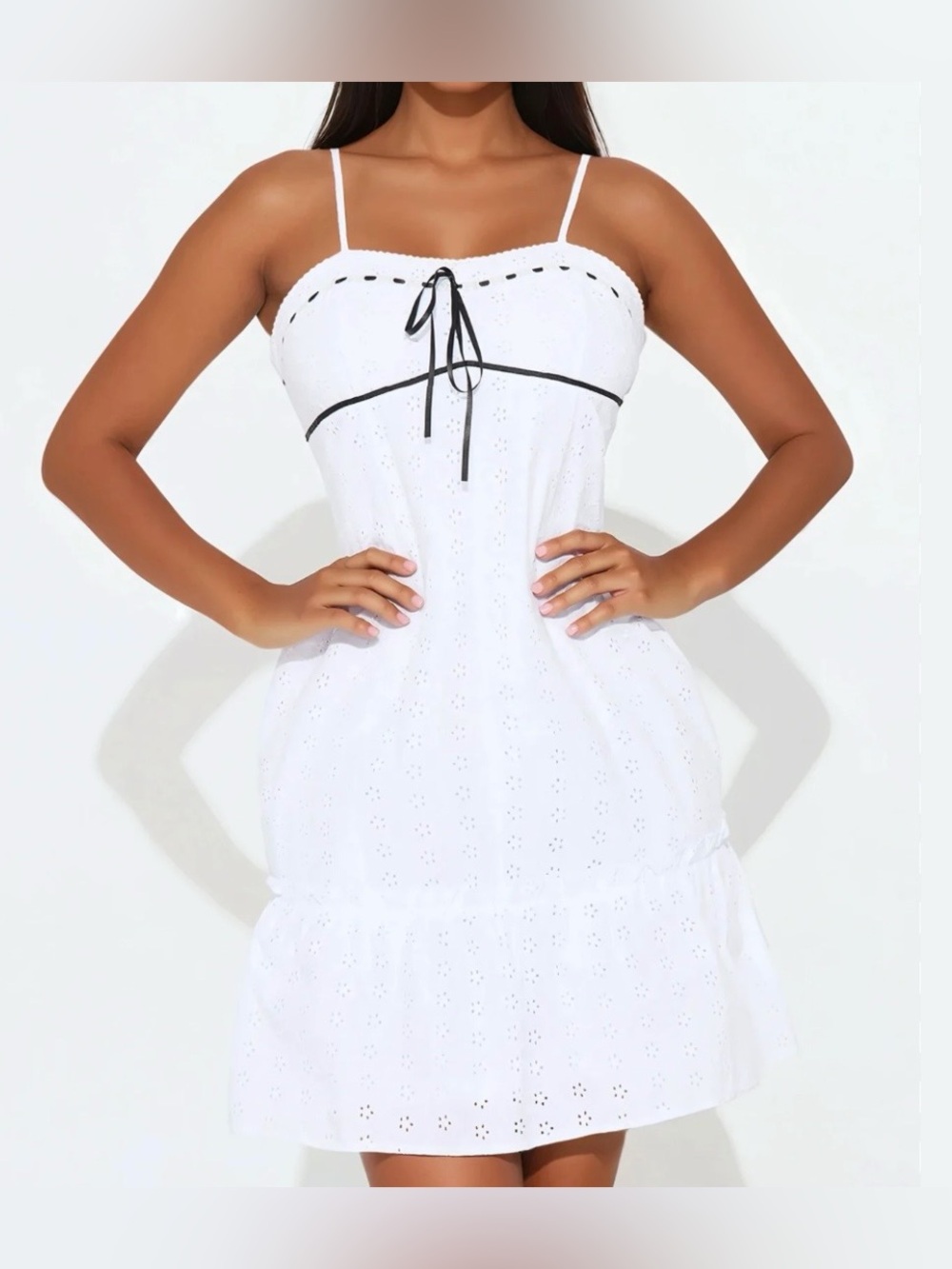 White Eyelet Spaghetti-Strap Mini Dress with Contrast Tie (SKU847)